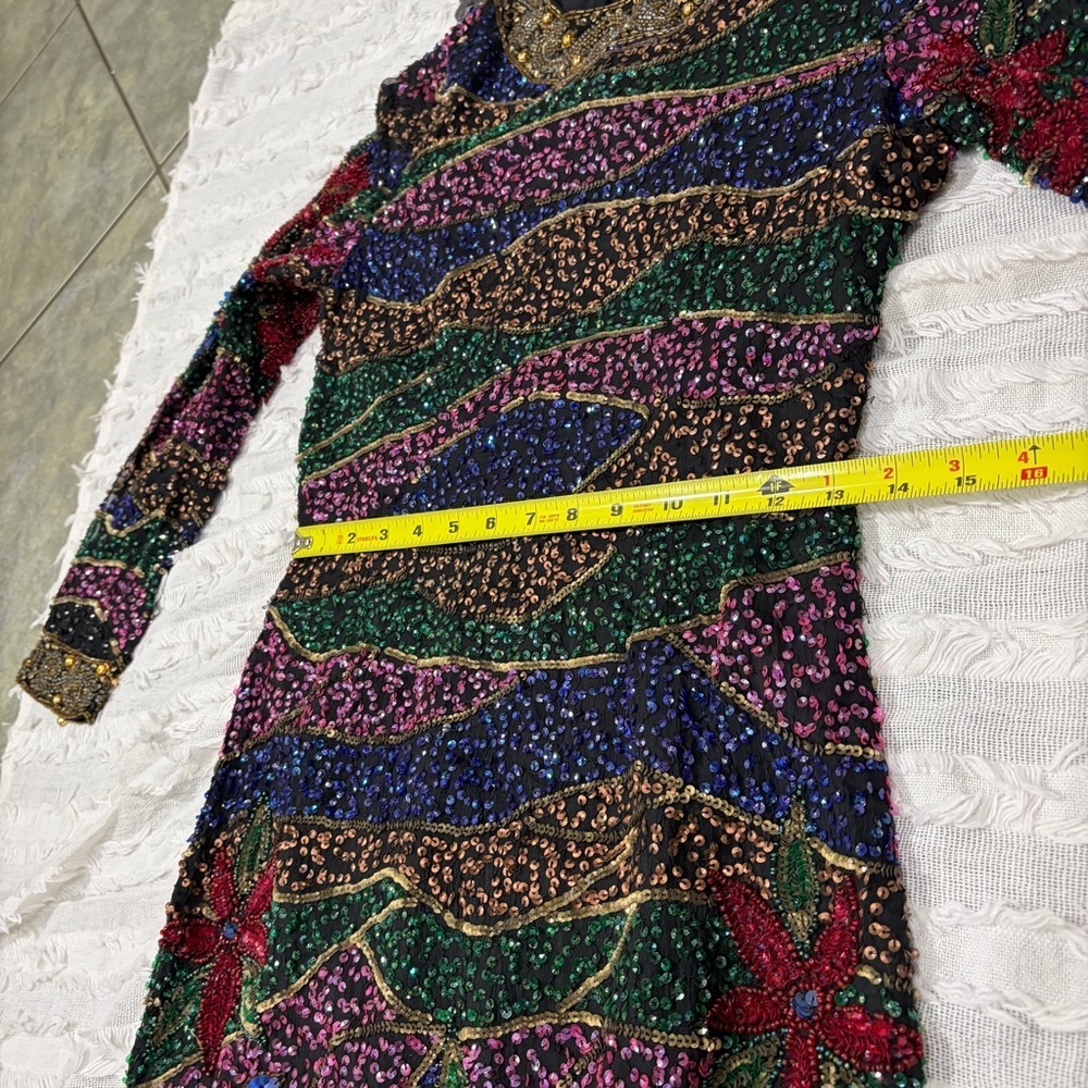 VTG sequined 1980s INDUS V silk beaded Multi Florals disco dress Party 15” PTP - Picture 13 of 16